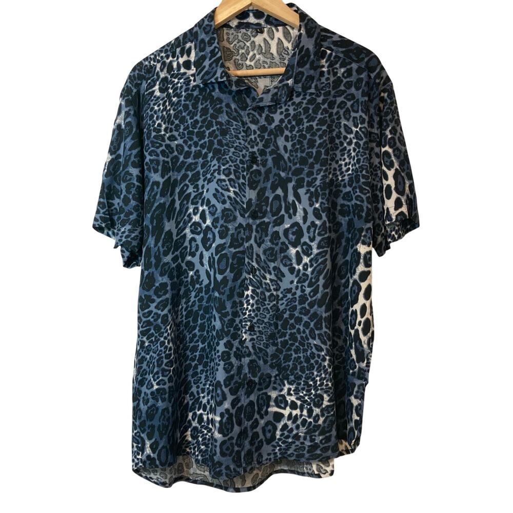 Blue Leopard Animal Print Lightweight Short Sleeve Button Up Shirt Women's Large